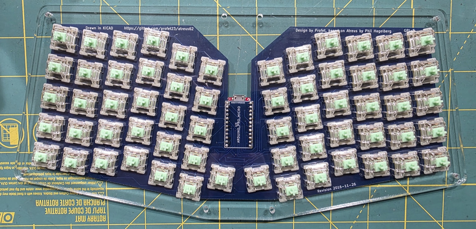 Top of the PCB with all 62 Gateron Baby Kangaroo switches installed, Pro Micro visible in the center