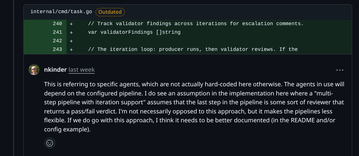 An inline review comment left on the factory’s PR