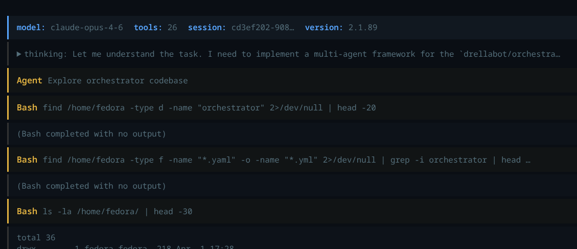 Claude Code working autonomously inside the sandboxed VM